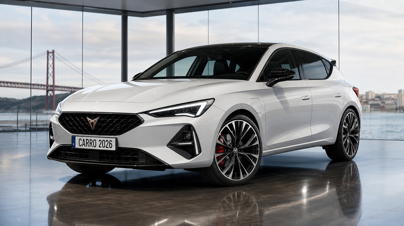Carro elétrico branco desportivo, moderno, estacionado em showroom com vista para ponte e rio ao fundo.