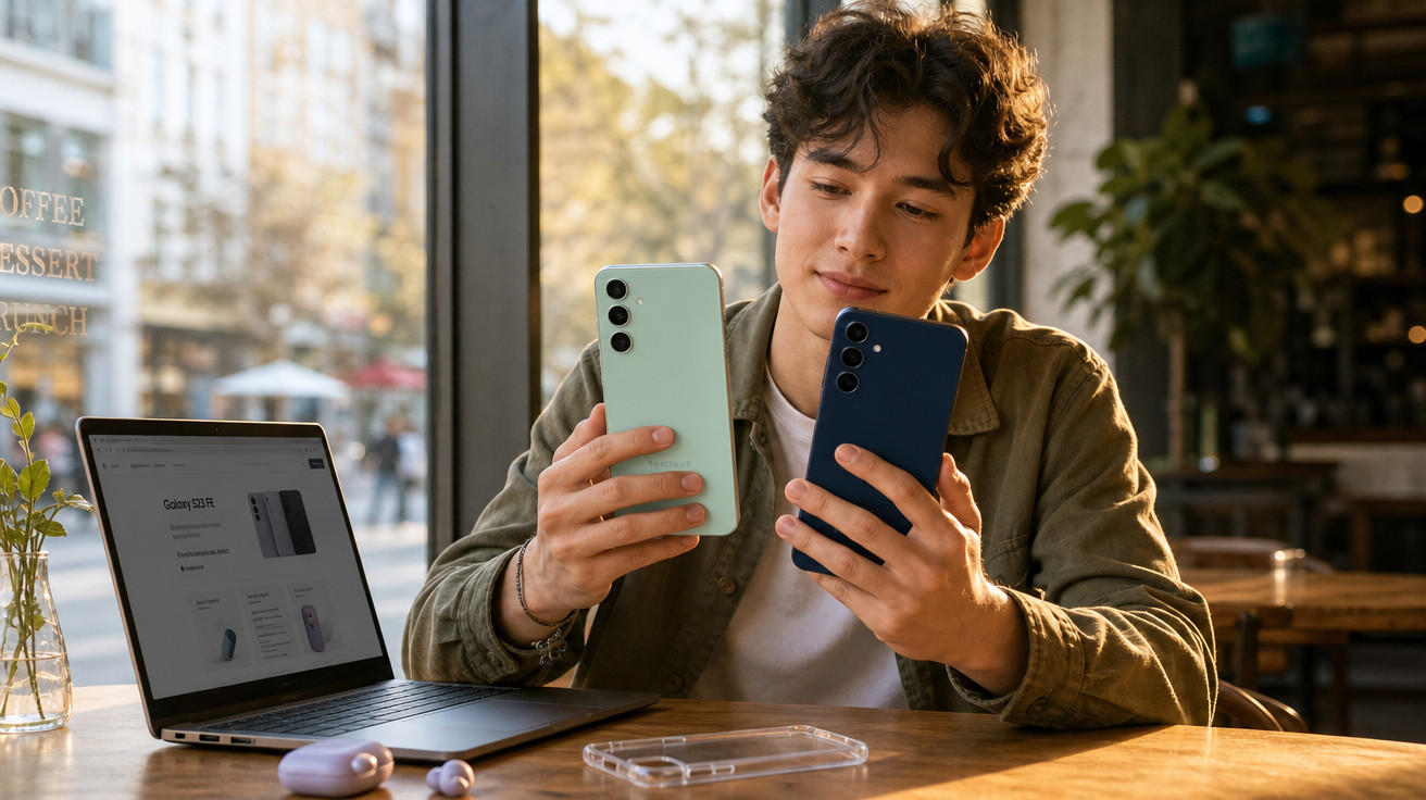 Jovem numa cafeteria a comparar dois smartphones modernos, com portátil e auscultadores na mesa.