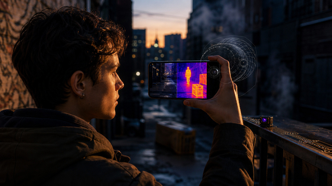 Jovem usa telemóvel com visão térmica para detectar presença numa rua escura ao entardecer.