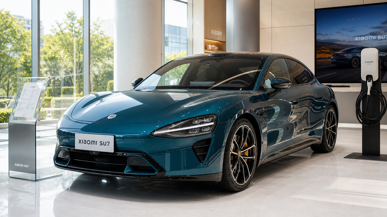 Carro elétrico desportivo azul Xiaomi SU7 exposto em showroom moderno com carregador ao lado.