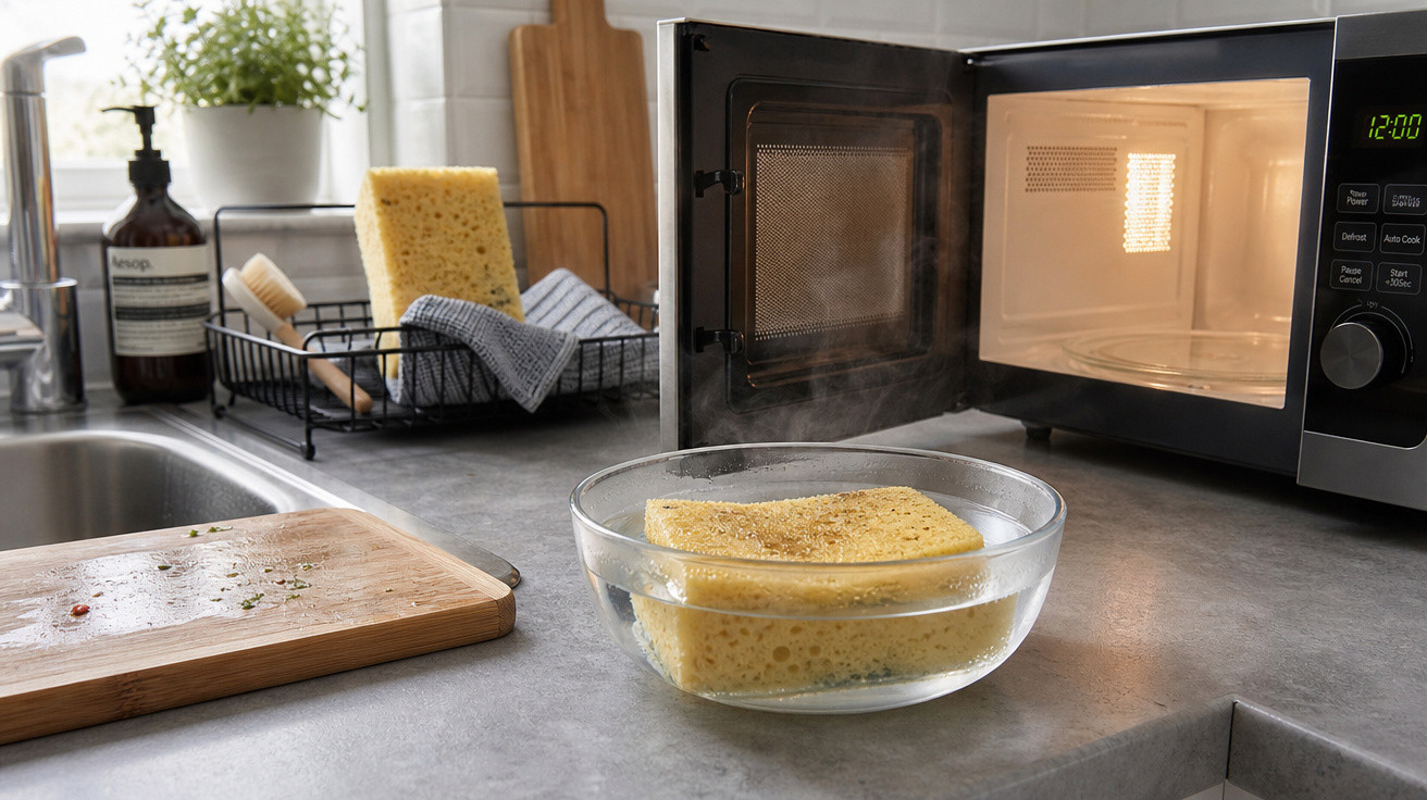 Pano e esponja húmidos a serem aquecidos num micro-ondas numa cozinha moderna e organizada.