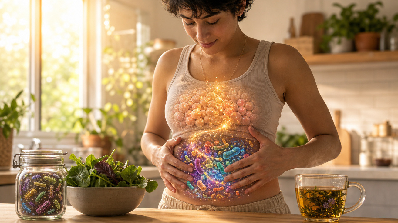 Mulher a segurar a barriga com ilustração de probióticos e microrganismos, numa cozinha luminosa com alimentos saudáveis.