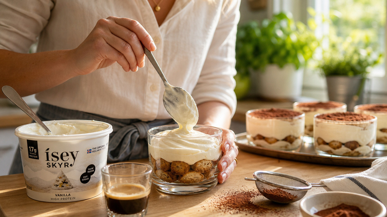 Pessoa a colher skyr para sobremesa de tiramisu em taça com café e cacau em pó na mesa.
