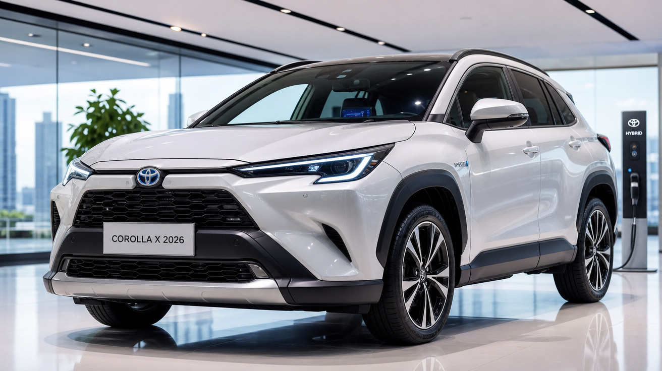 Carro Toyota Corolla X 2026 branco híbrido exibido em salão moderno com janelas grandes.
