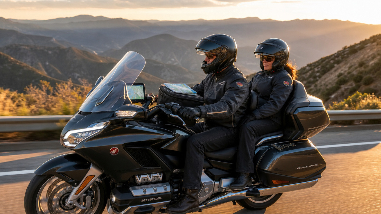 Duas pessoas de capacete a andar de moto Honda preta numa estrada com montanhas ao fundo ao pôr do sol.