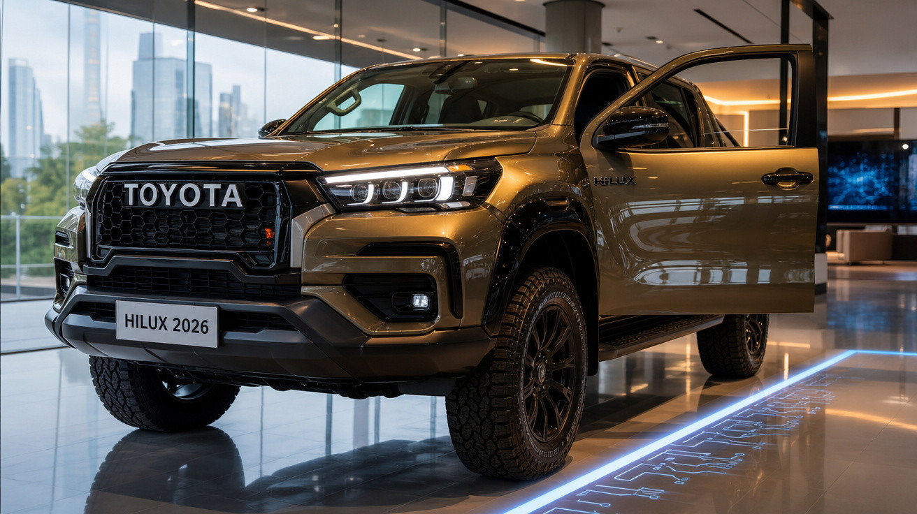 Picape Toyota Hilux 2026 cor bronze com porta dianteira aberta em showroom moderno.
