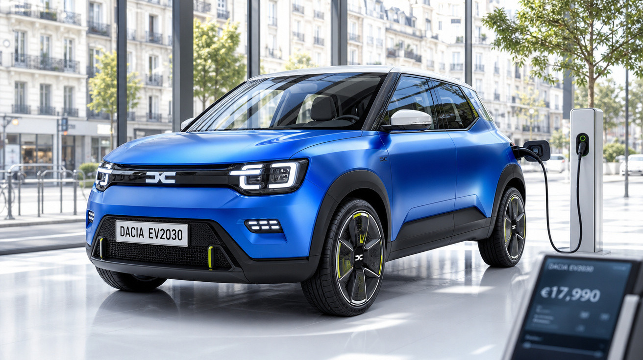 Automóvel elétrico azul Dacia EV2030 a ser carregado numa estação urbana, em ambiente citadino moderno.