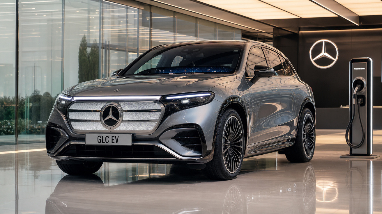 Carro elétrico Mercedes-Benz GLC EV cinzento estacionado em showroom moderno junto a posto de carregamento.