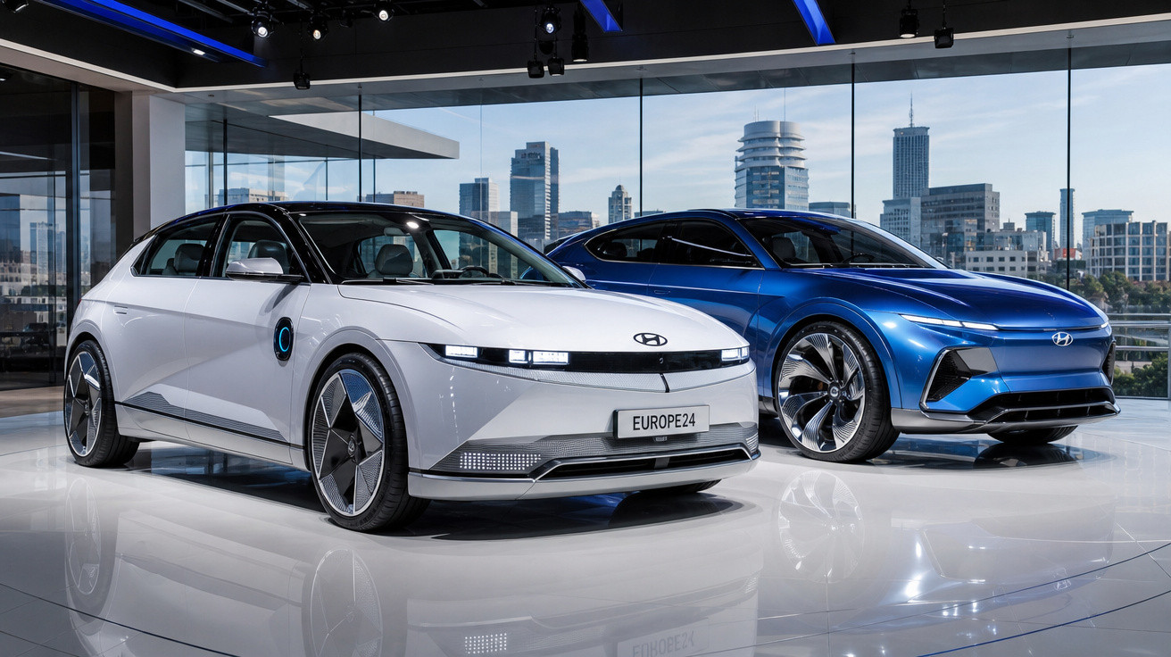 Dois carros elétricos Hyundai, um branco e um azul, exibidos num salão moderno com vista para a cidade.