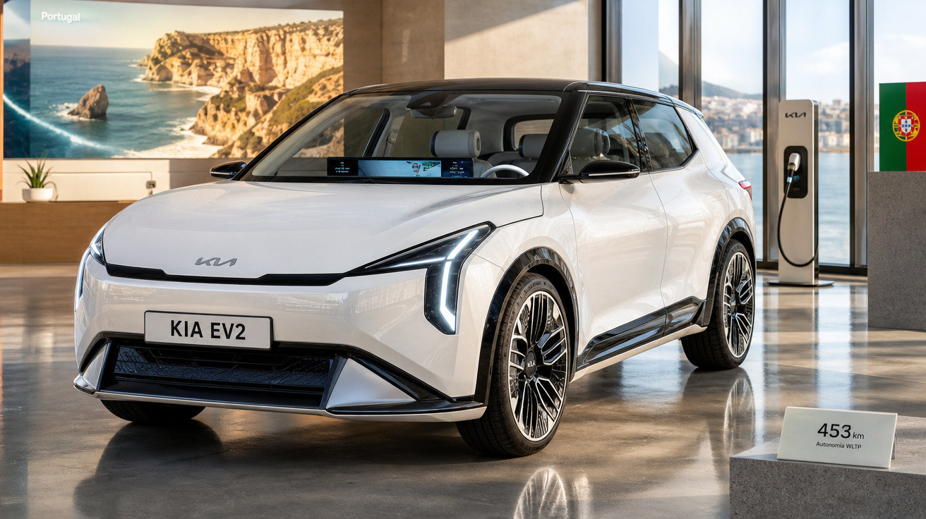 Carro elétrico branco Kia EV2 estacionado em salão com vista para o mar e posto de carregamento.