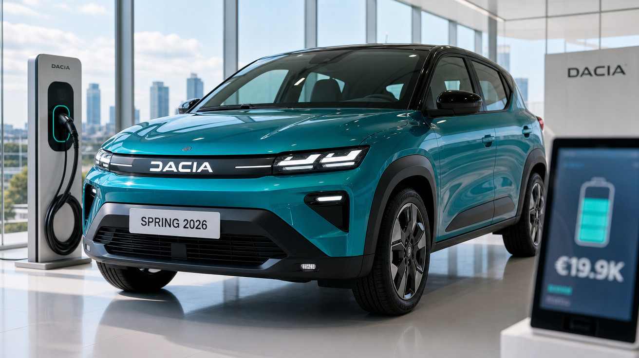 Carro eléctrico Dacia Spring 2026 azul em exposição interior com posto de carregamento ao lado.