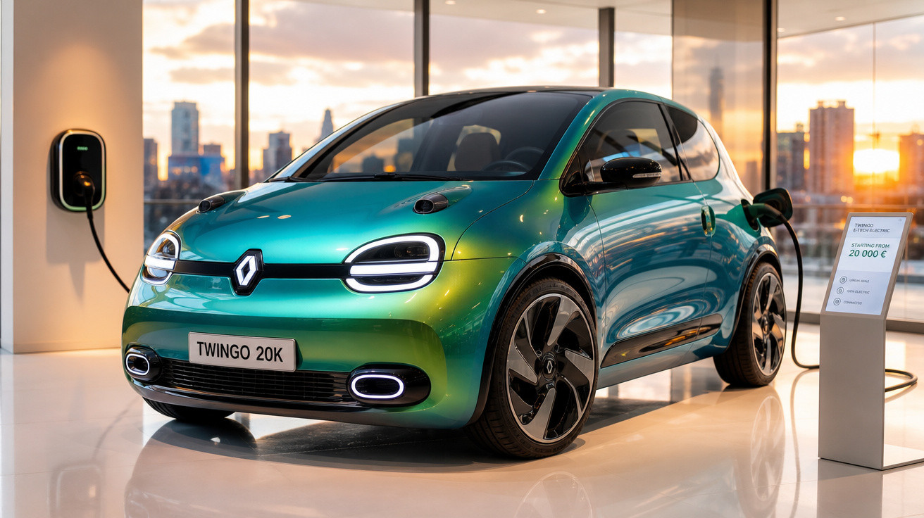 Carro elétrico Renault Twingo 20K verde a carregar numa estação de carregamento interior, pôr do sol.