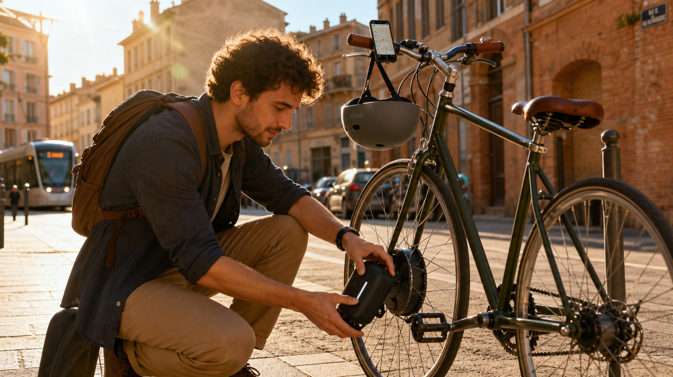 Homem a encaixar bateria numa bicicleta elétrica numa rua urbana ao pôr do sol.