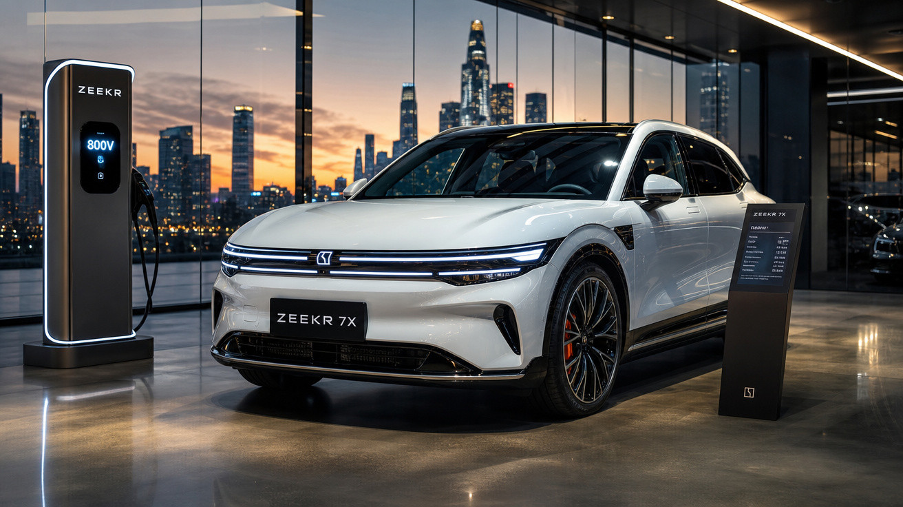 Carro elétrico branco Zeekr 7X estacionado em showroom moderno com posto de carregamento ao lado.