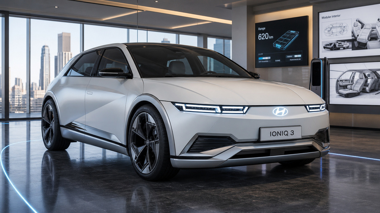 Carro elétrico Hyundai Ioniq 3 branco exibido numa sala moderna com janelas grandes e painéis informativos.
