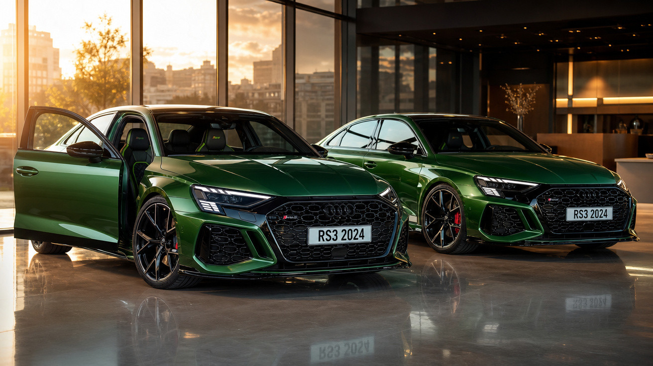 Dois carros Audi RS3 2024 verdes exibidos num showroom moderno com portas do carro dianteiro abertas.