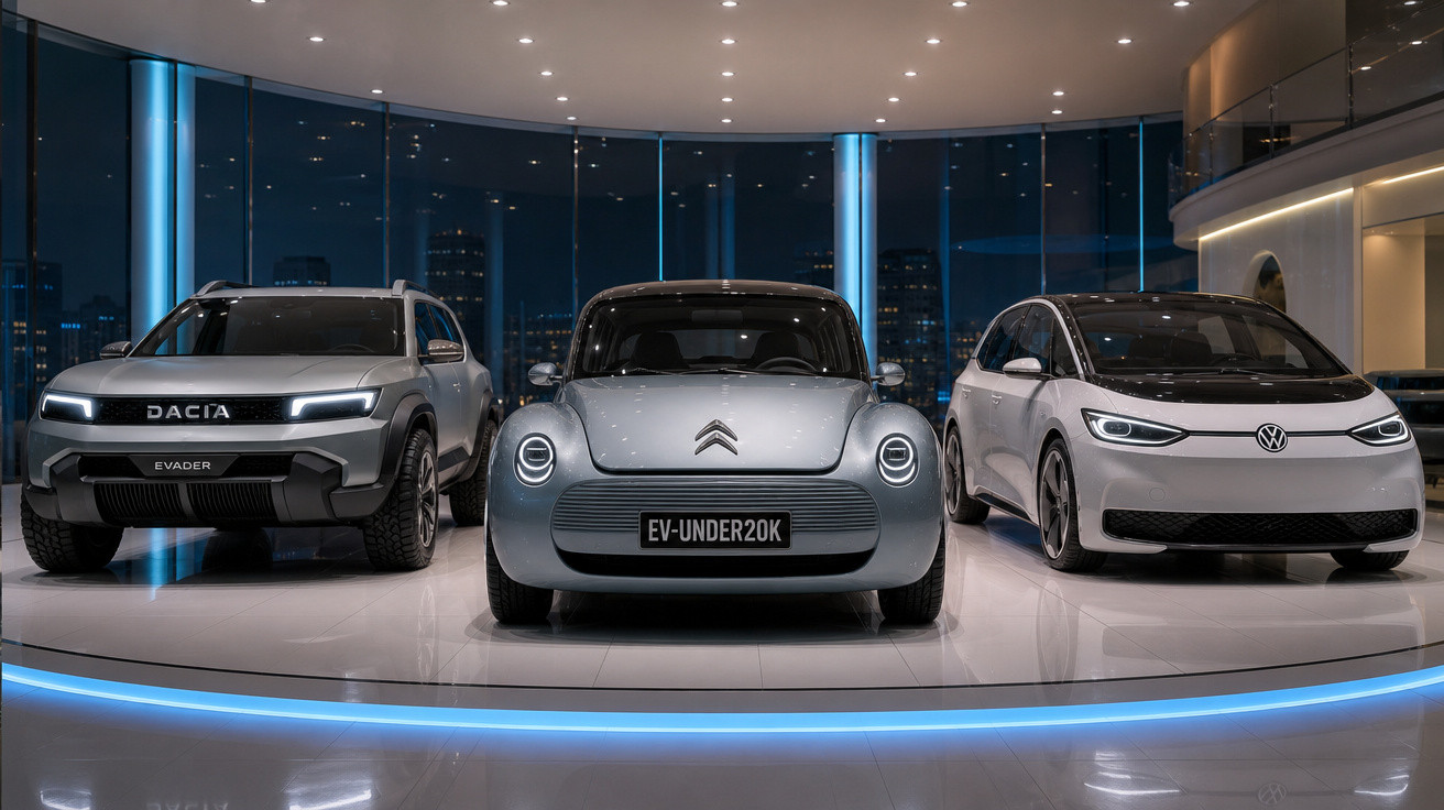 Três carros elétricos modernos expostos num salão elegante com iluminação azul suave à noite.