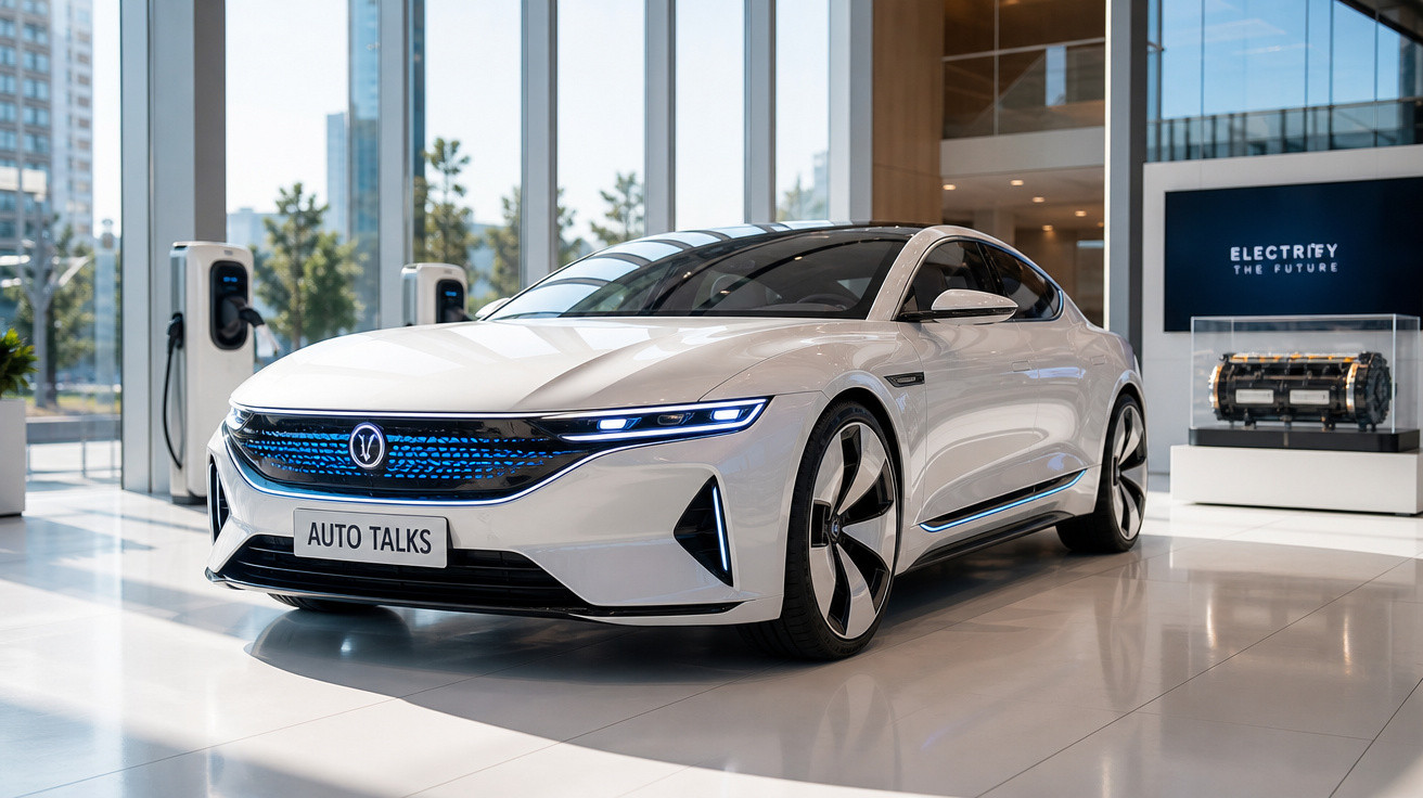 Carro elétrico branco moderno exposto em showroom com carregadores e painel "Electrify The Future".