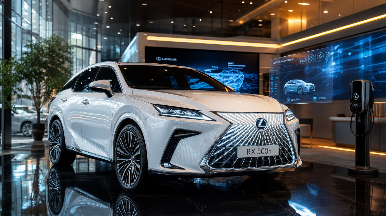 Lexus RX 500h branco exposto numa sala moderna com chão espelhado e painel digital ao fundo.