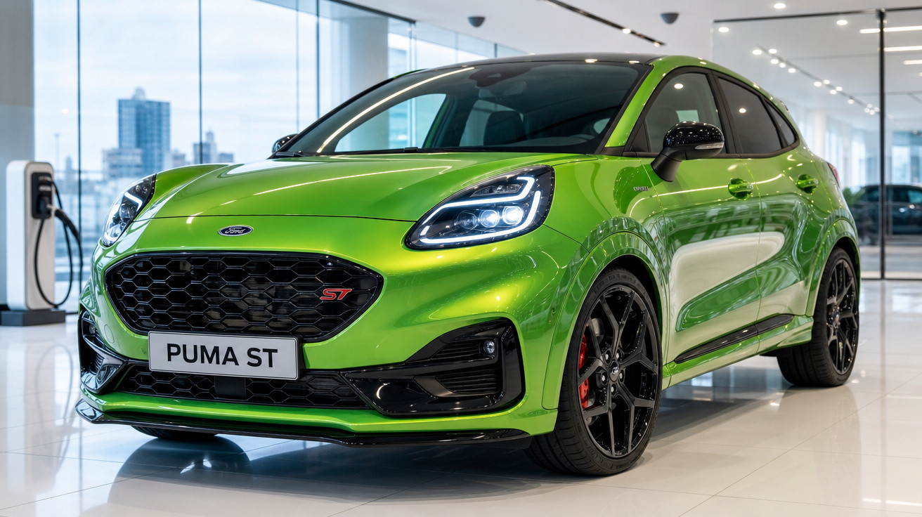 Ford Puma ST verde numa sala de exposição moderna com janelas amplas e pavimento brilhante.
