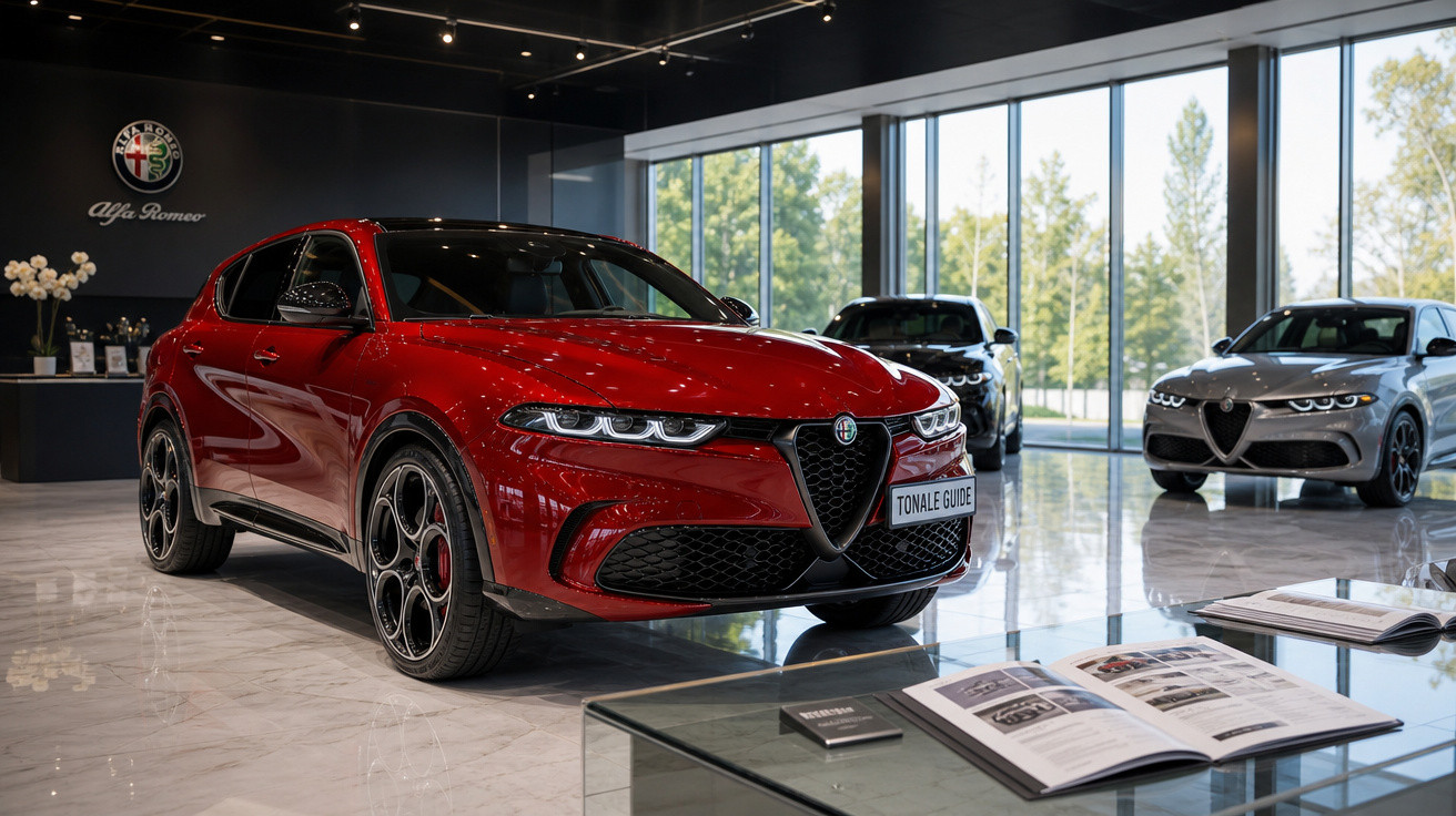 Automóvel Alfa Romeo Tonale Guide vermelho numa exposição moderna com janelas grandes e outros carros.