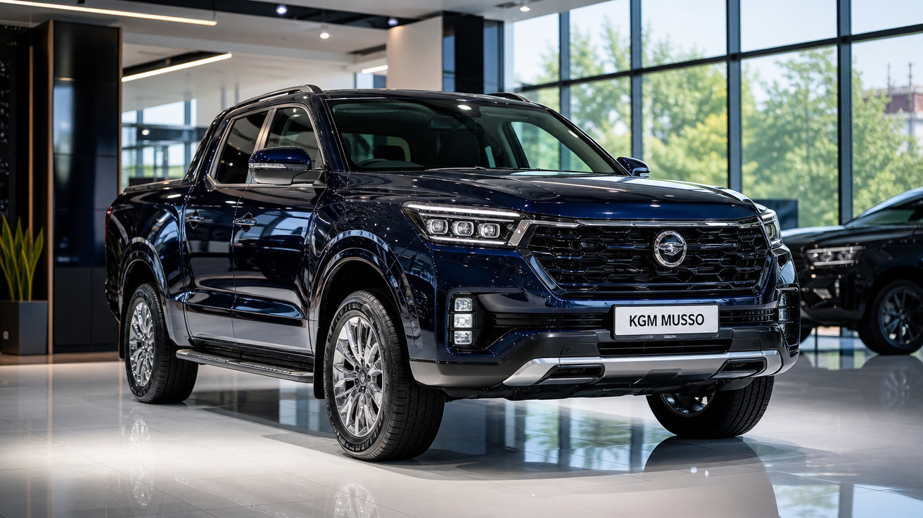 Pick-up preta KGM Musso em exposição numa sala moderna com grandes janelas de vidro.