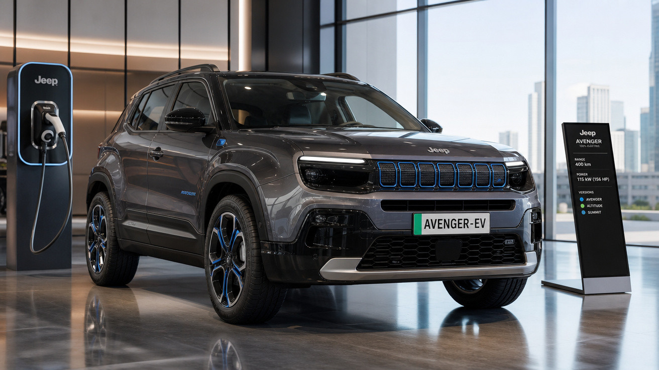 Carro elétrico Jeep Avenger cinzento exposto em showroom moderno com estação de carregamento e painel informativo.