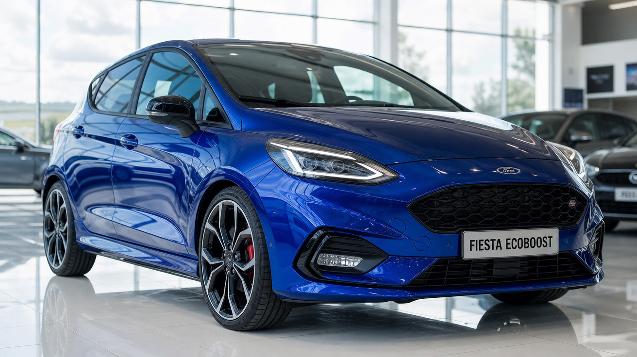 Carro Ford Fiesta Ecoboost azul estacionado em showroom moderno com grandes janelas.