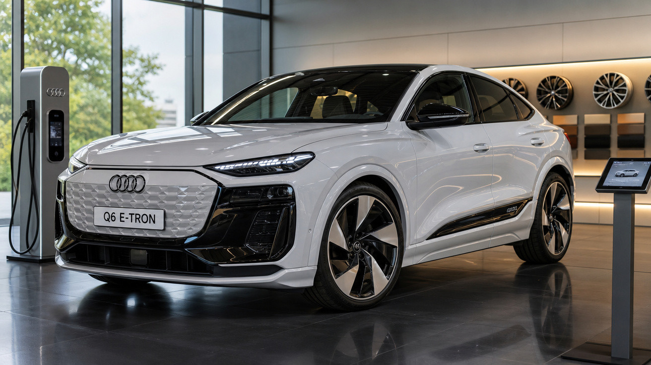 Automóvel Audi Q6 E-TRON branco estacionado numa loja com carregador elétrico ao lado.