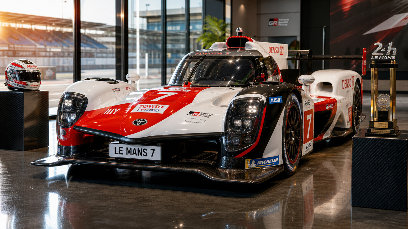Carro de corrida Toyota híbrido número 7 exposto em garagem com capacete e troféu 24h Le Mans ao lado.