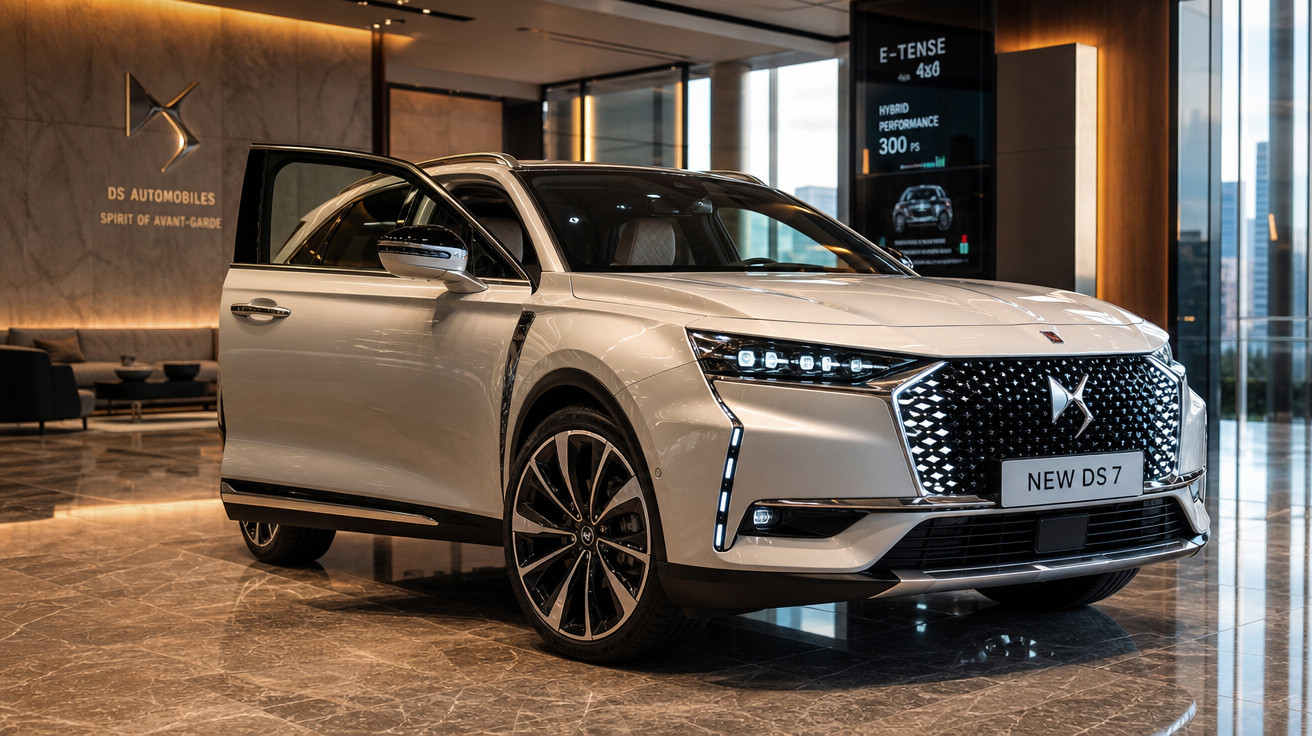 Automóvel DS 7 branco exibido em showroom moderno com porta dianteira esquerda aberta.