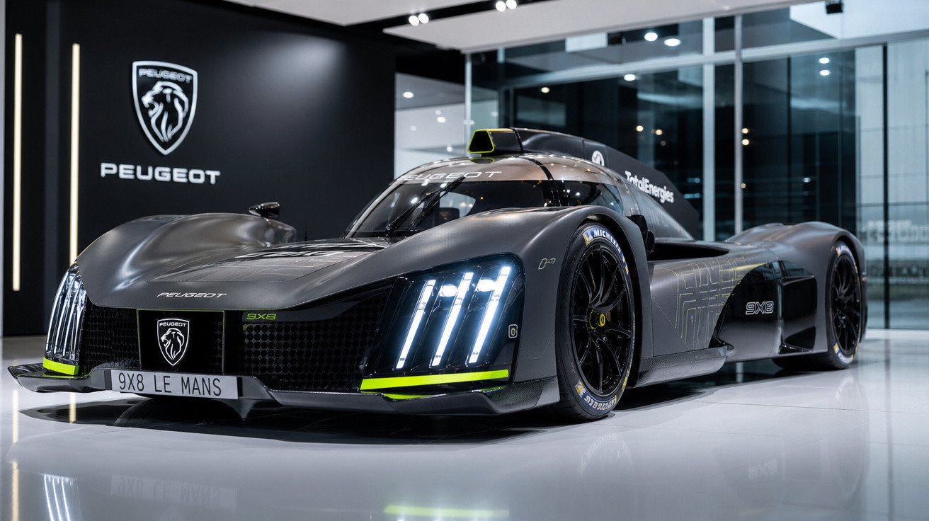 Carro de corrida Peugeot elétrico preto com luzes LED e logo da marca em sala de exposição elegante.