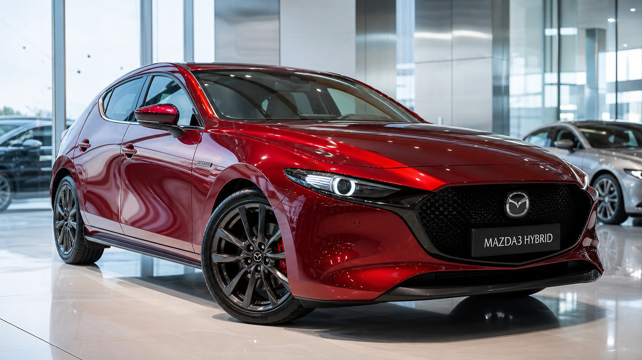 Carro Mazda3 híbrido vermelho em exposição numa sala de showroom moderna e iluminada.