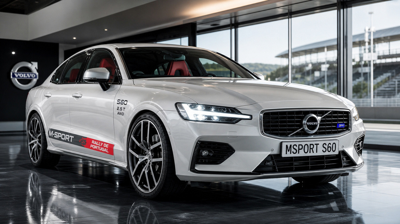 Carro Volvo S60 branco M-Sport exposto em interior moderno, com janelas grandes e piso refletivo.