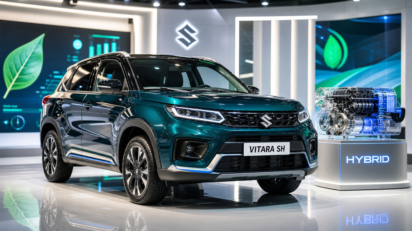 Suzuki Vitara SH híbrido exposto com motor em pedestal e fundo com gráficos ecológicos.
