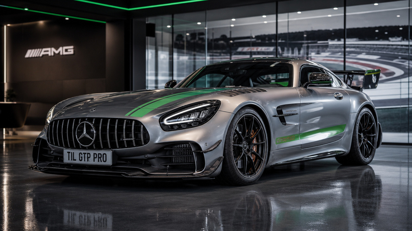 Carro desportivo Mercedes-AMG prata com detalhes verdes numa exposição interior moderna.