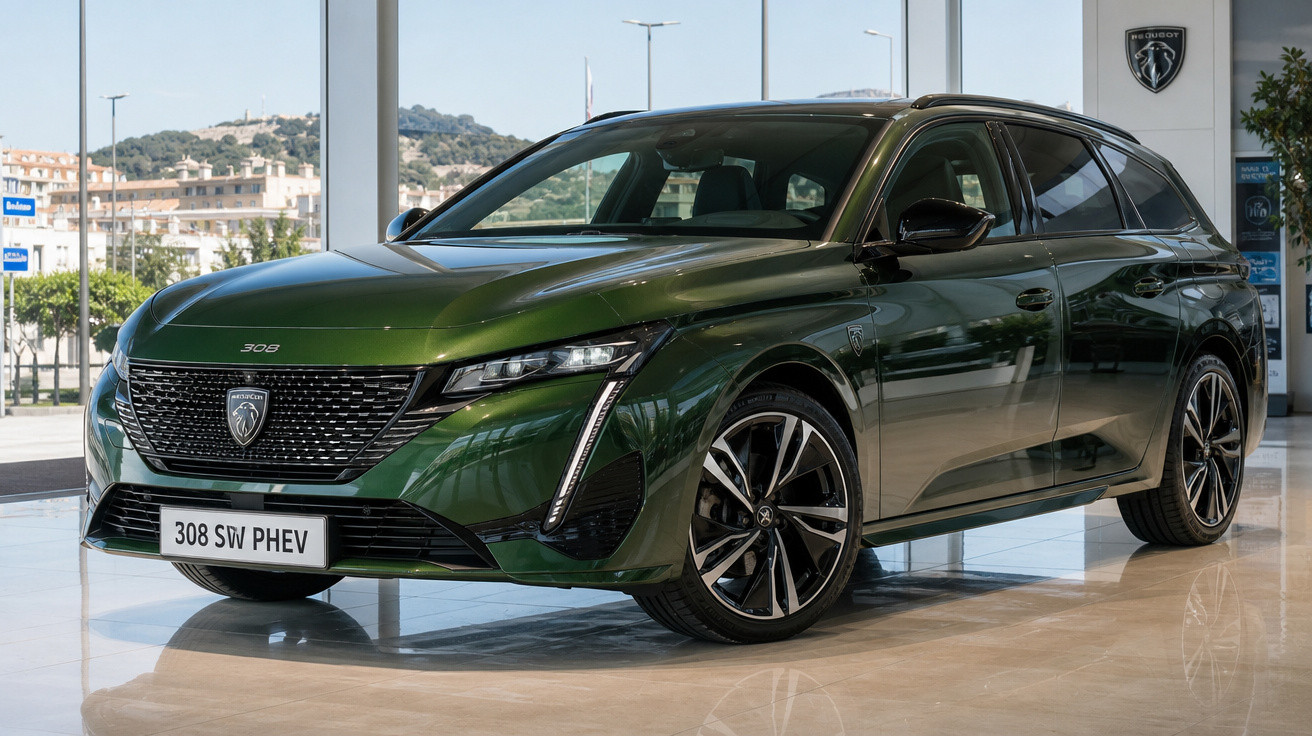 Peugeot 308 SW PHEV verde em exposição num salão de automóveis com janelas amplas.
