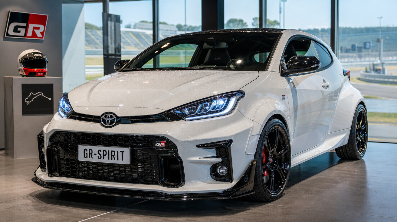 Carro desportivo branco Toyota GR com faróis LED, jantes pretas e capacete numa exposição em pista de corrida.