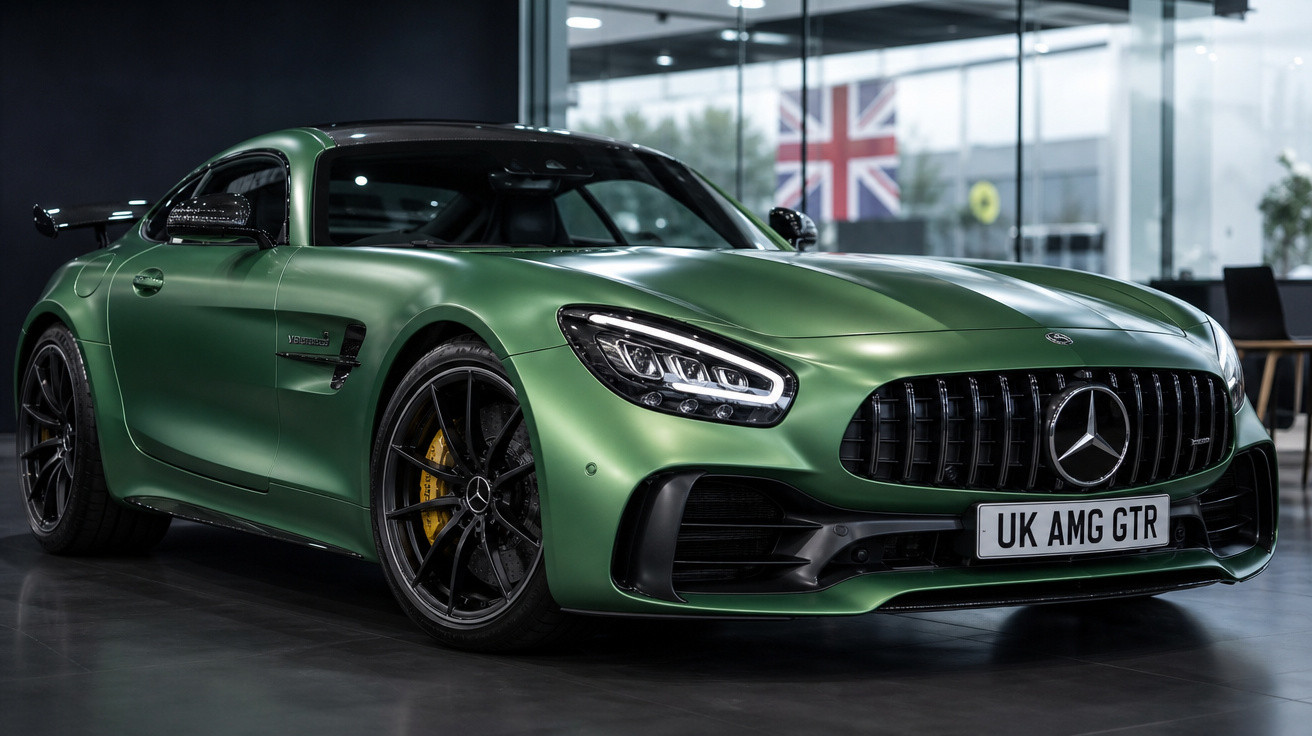 Carro desportivo Mercedes AMG GTR verde metálico estacionado em interior, com placa UK AMG GTR.