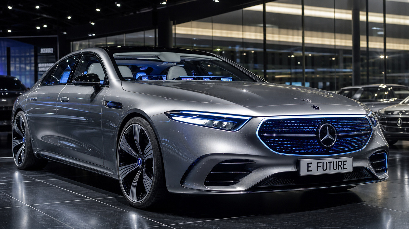 Carro elétrico Mercedes-Benz cinzento com design futurista exposto em sala de showroom moderno.