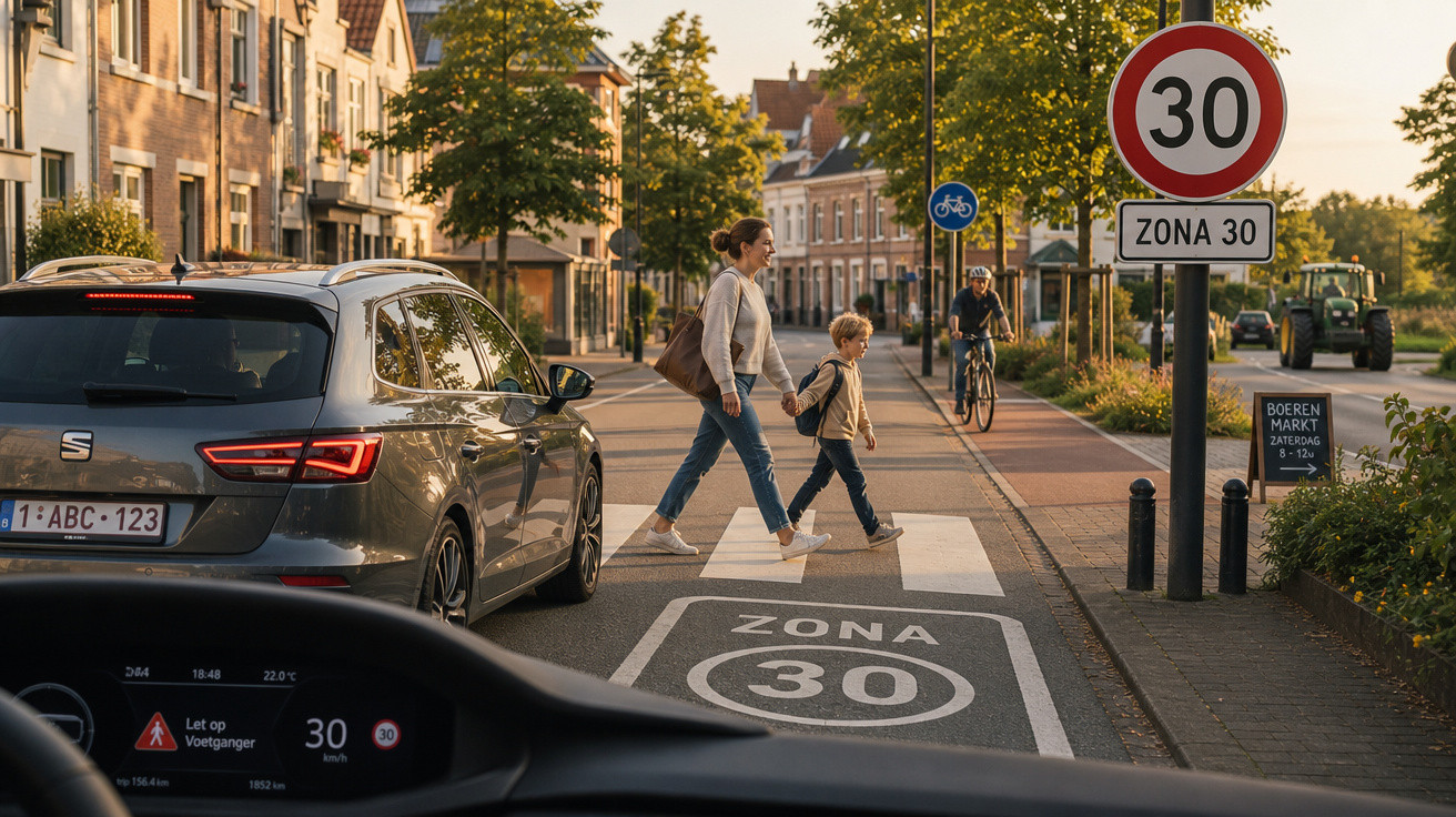 Pessoa e criança a atravessarem passadeira numa zona urbana com sinal de limite de velocidade 30 km/h.