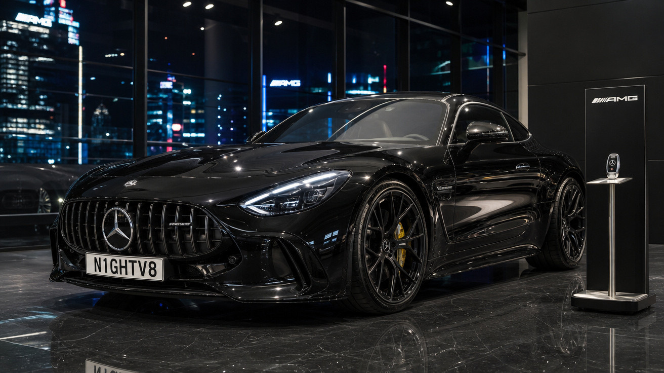 Carro desportivo preto Mercedes-AMG GT estacionado em salão moderno com reflexos no chão escuro.
