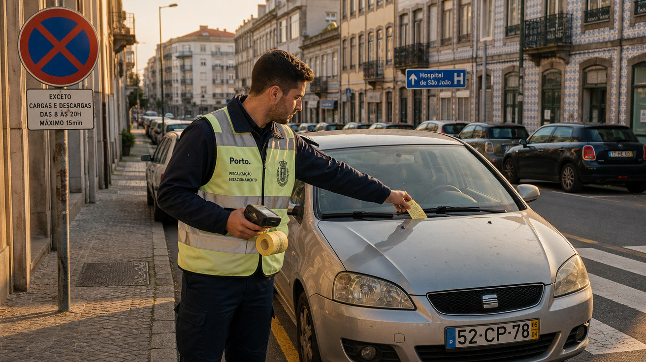 Agente de fiscalização a colocar uma multa de estacionamento num carro cinzento na via pública no Porto.
