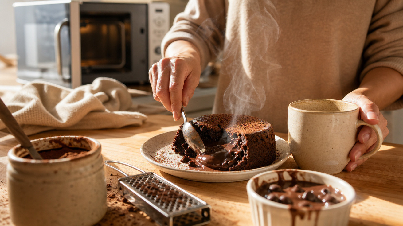 Pessoa a servir pudim de chocolate quente com chávena numa cozinha iluminada por luz natural.