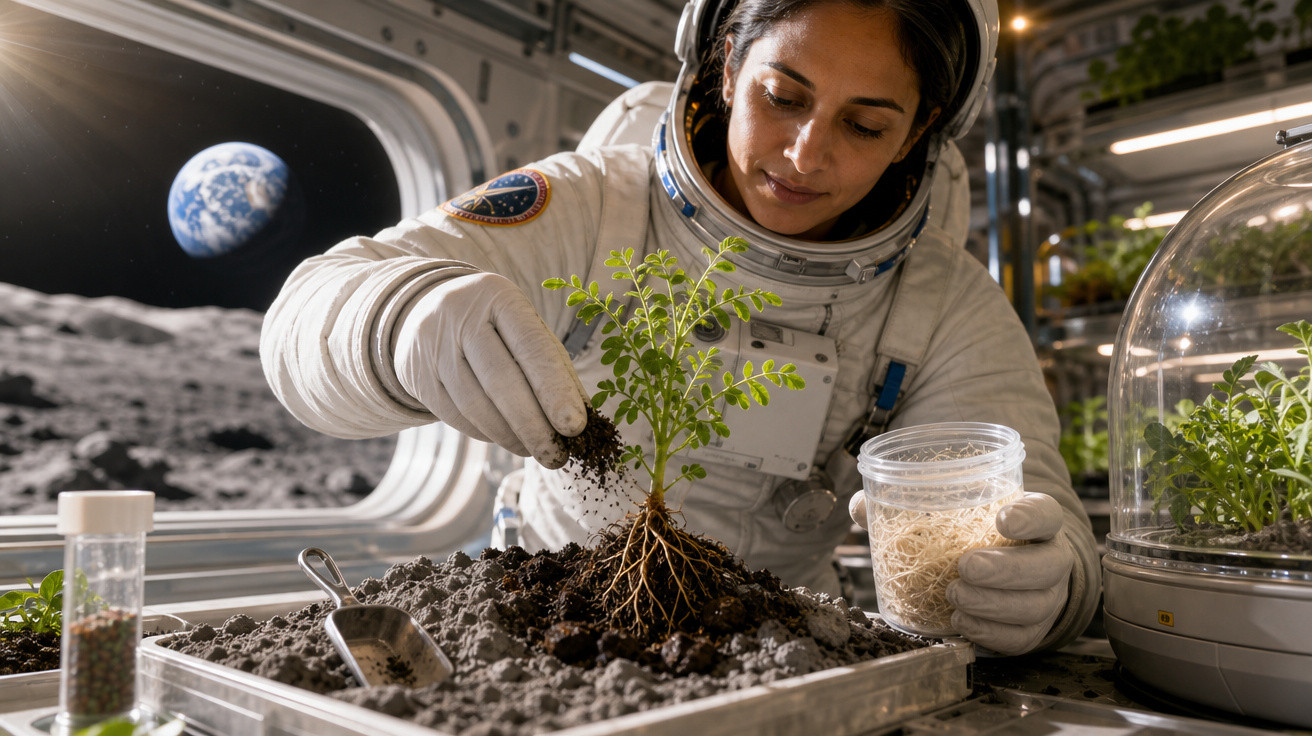 Astronauta rega planta em solo lunar com vista da Terra pela janela da estação espacial.