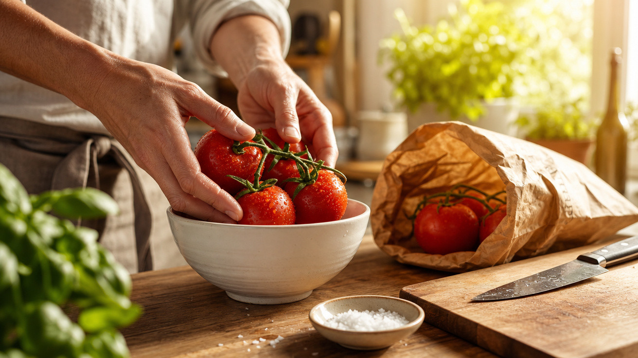 Mãos a colocar tomates frescos num prato branco numa cozinha iluminada com sal e uma faca numa tábua de madeira.