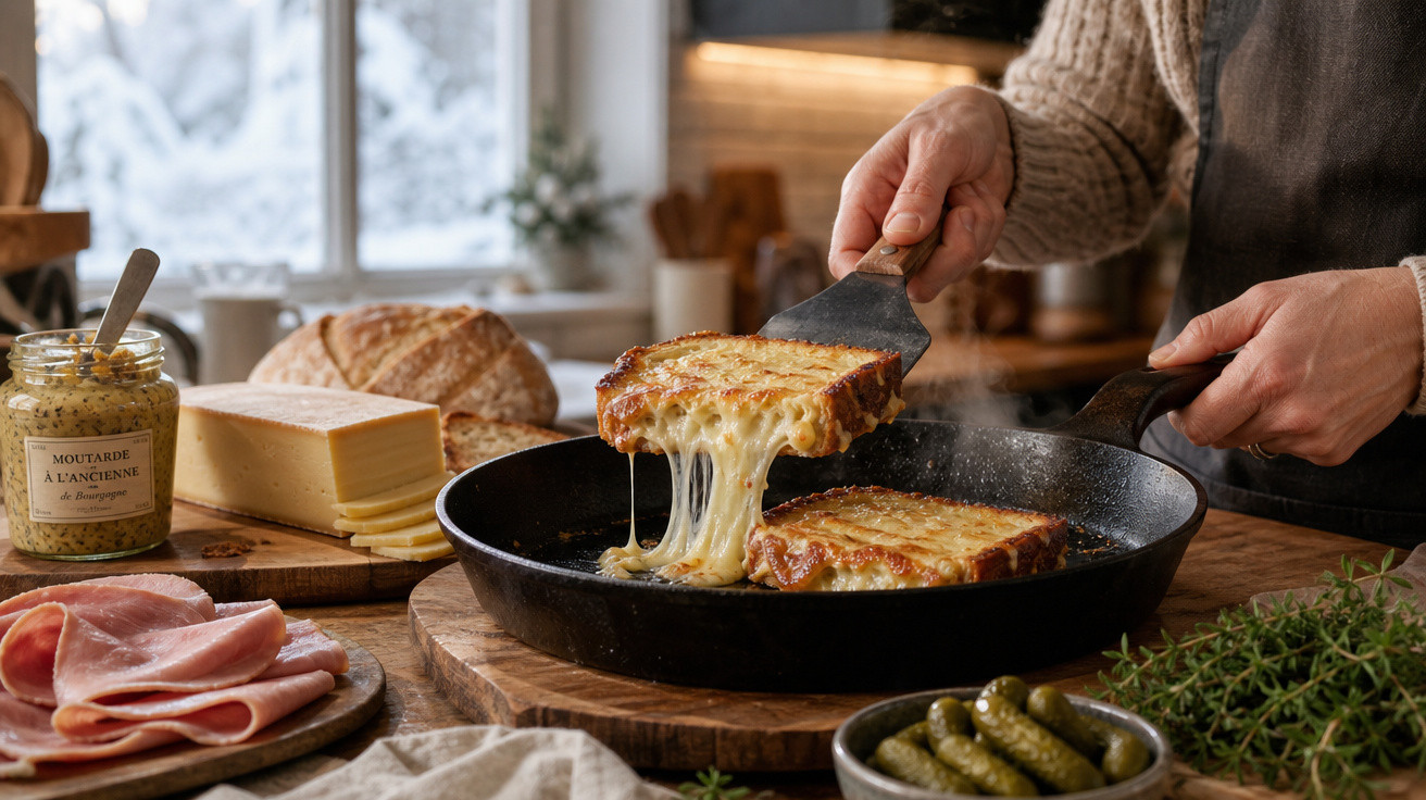 Mãos a tirar uma fatia de croque monsieur quente com queijo esticado numa frigideira preta numa mesa de madeira.