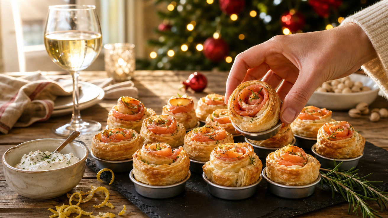 Mão a pegar folhados com salmão fumado, vinho branco e árvore de Natal decorada ao fundo.