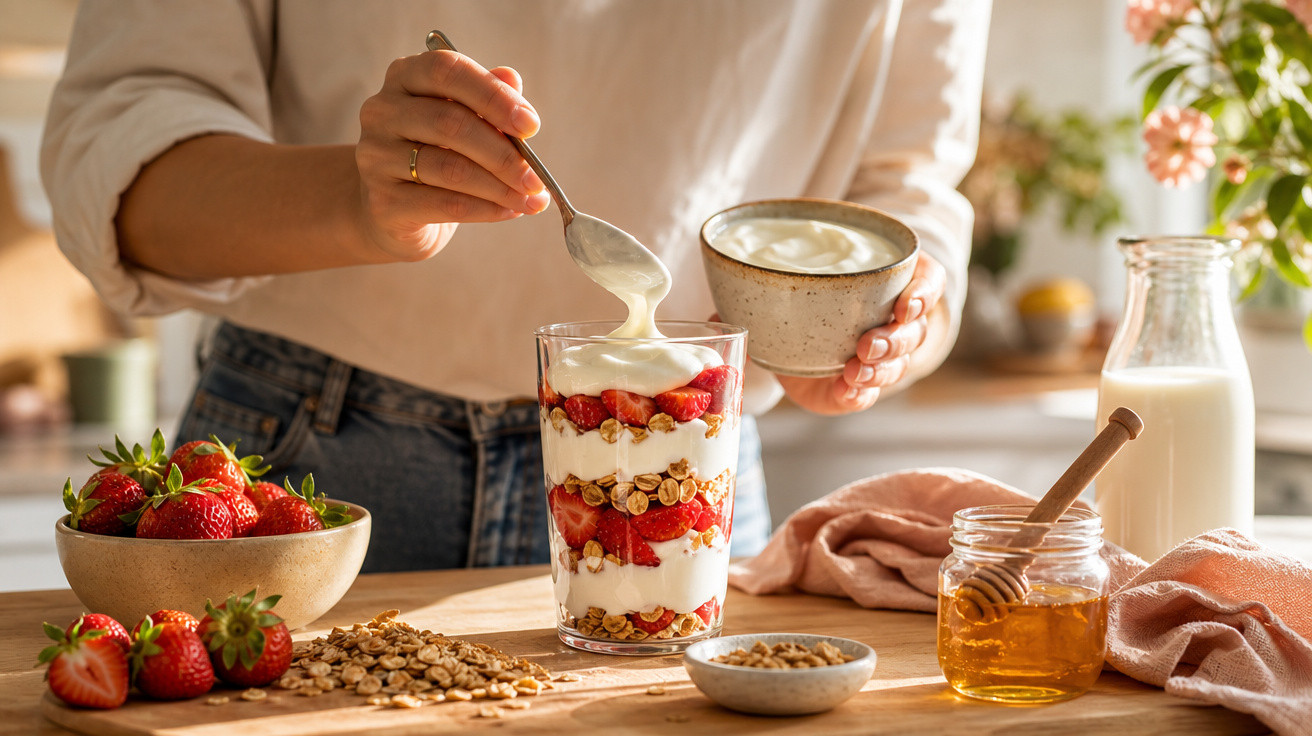 Pessoa a preparar iogurte com morangos, granola e mel numa cozinha iluminada e acolhedora.