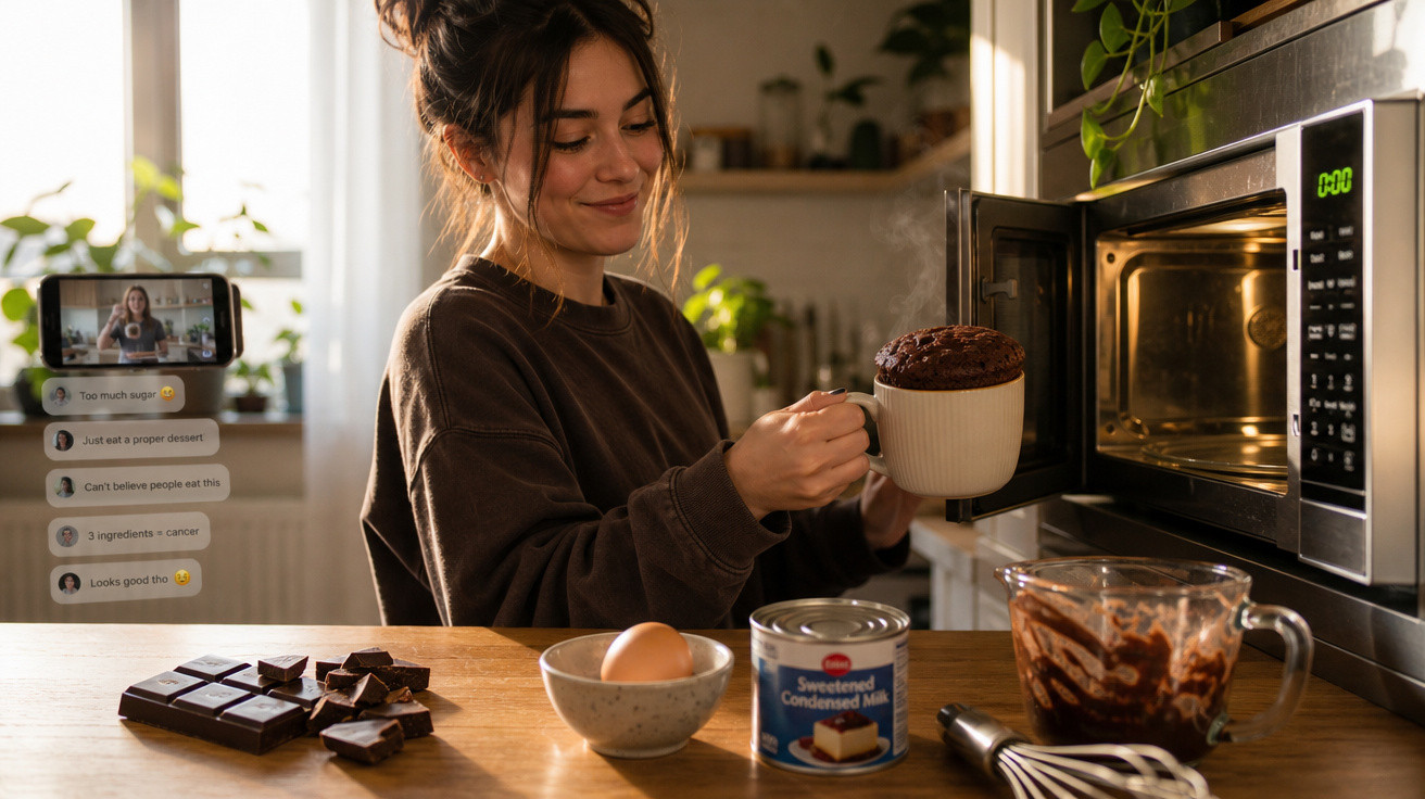 Jovem retira caneca com bolo de chocolate do micro-ondas numa cozinha iluminada e equipada.